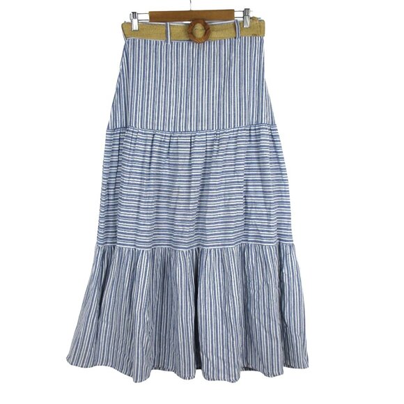 Truly 4 You Skirt Tiered Midi Stripe Cotton w Removable Belt Size M Casual Boho - Picture 1 of 7